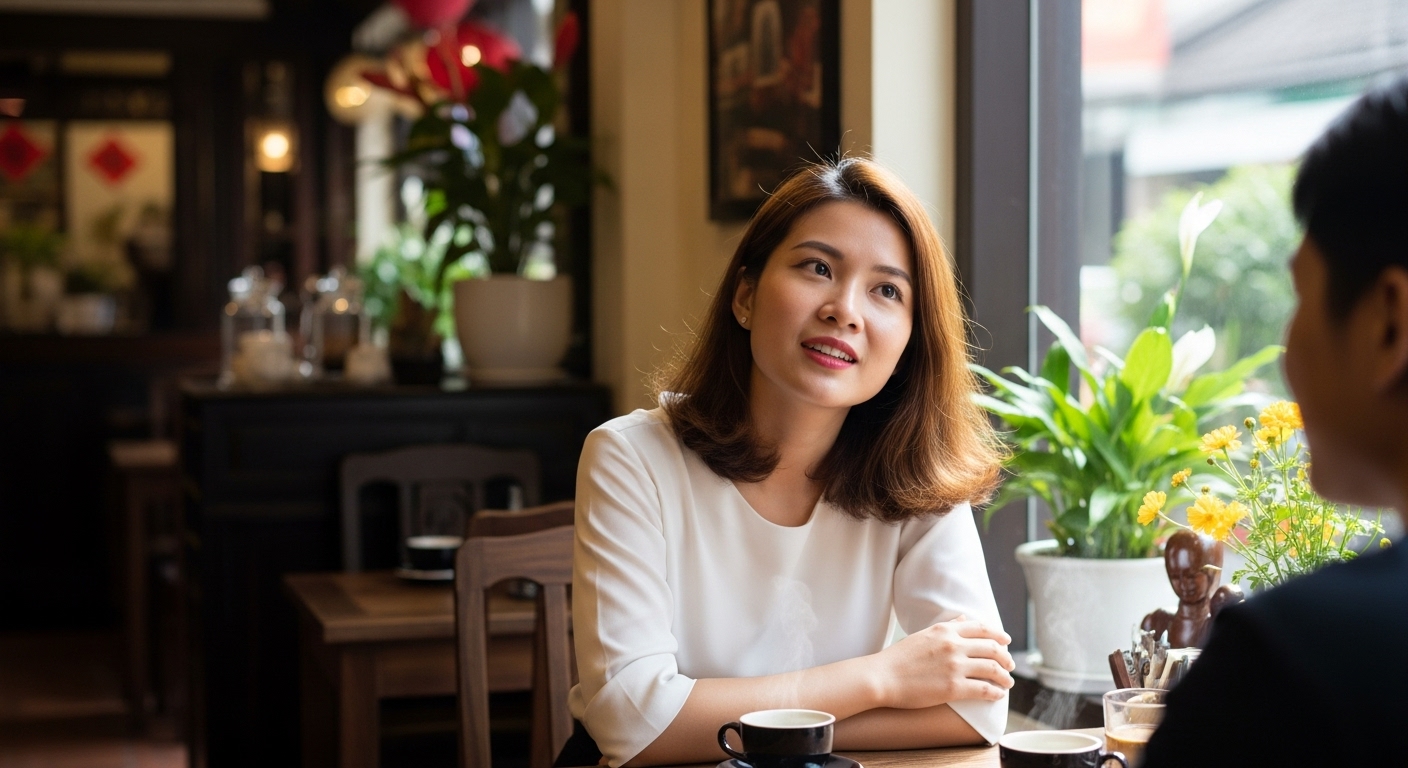 Bí Quyết Tư Vấn Khách Hàng – Kỹ năng giao tiếp quyết định tất cả, doanh nhân Việt Nam mỉm cười tự tin trò chuyện cùng khách hàng, tạo kết nối cảm xúc và xây dựng niềm tin trong kinh doanh.